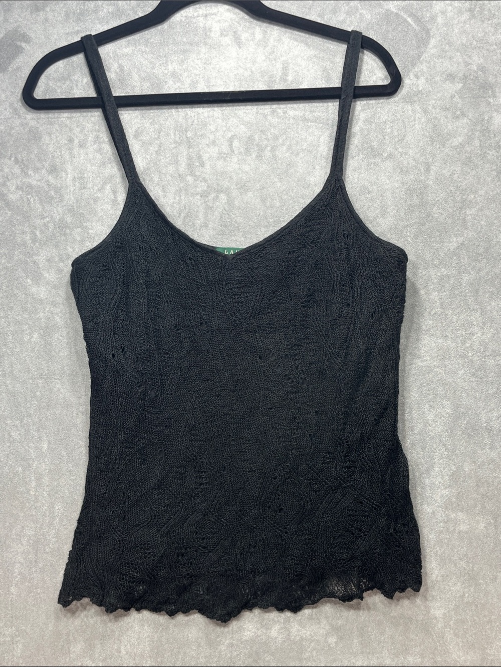 Lauren Ralph Lauren Black 100% Linen Crochet Knit Cami Tank Top L